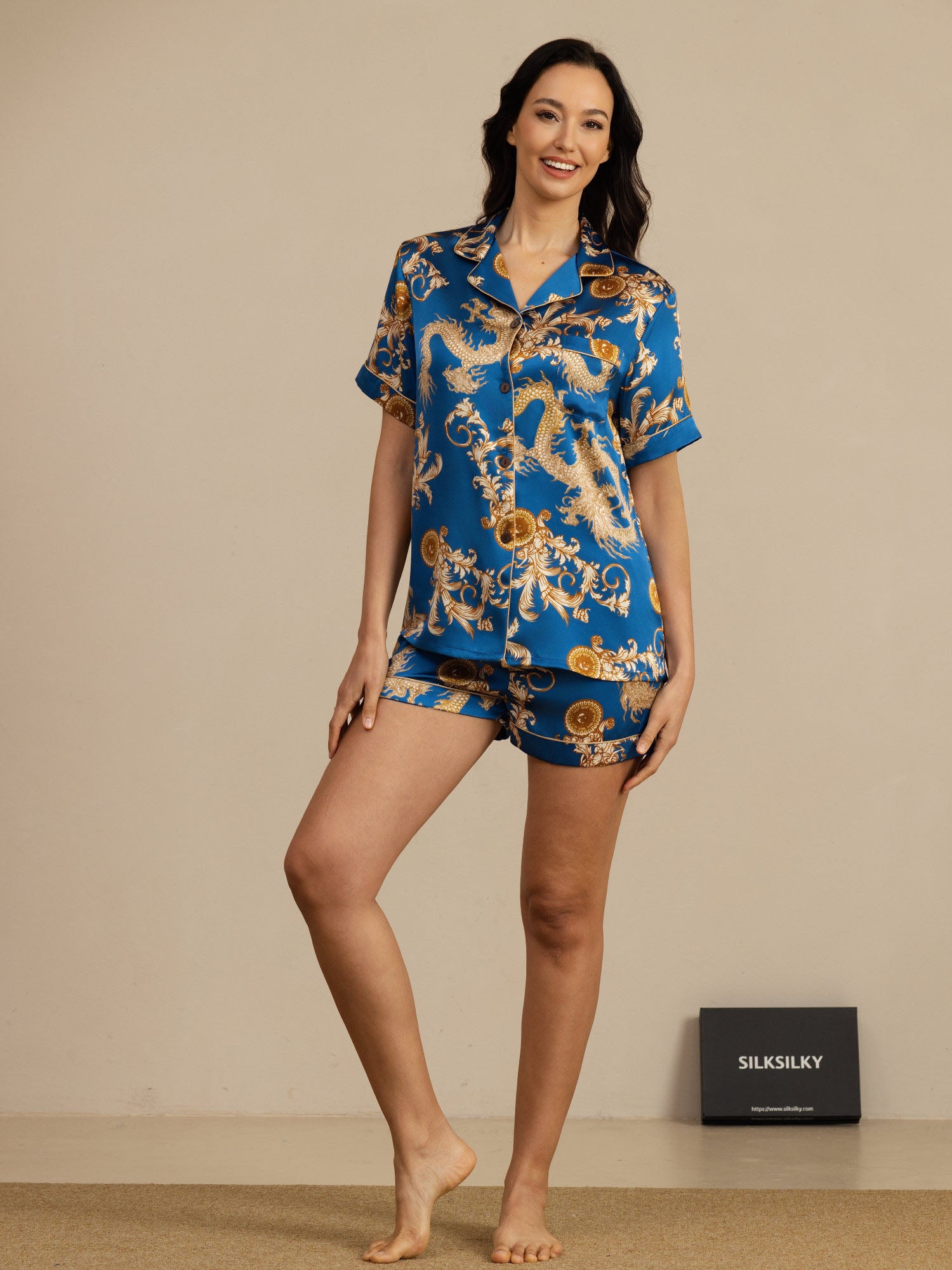 [Navy Dragon] SilkSilky  Short Sleeve Notch Collar Women's Pajamas 006