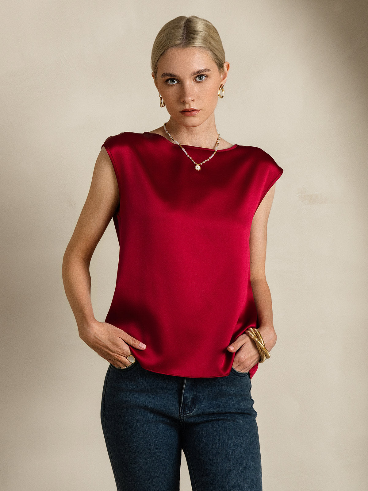 [Wine] SilkSilky  19Momme Silk Round Neck Women's T-Shirt 006