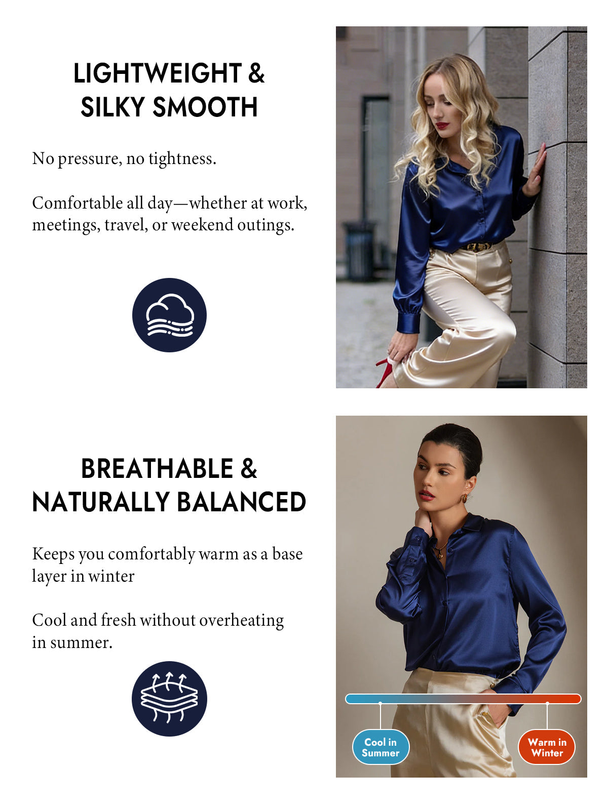 [Dark Blue] SilkSilky  Silk Long Sleeve Lapel Collar Women's Shirt 004