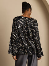 [Polka Dot] SilkSilky  19Momme Silk Long Sleeve Boat Neck Blouse 002