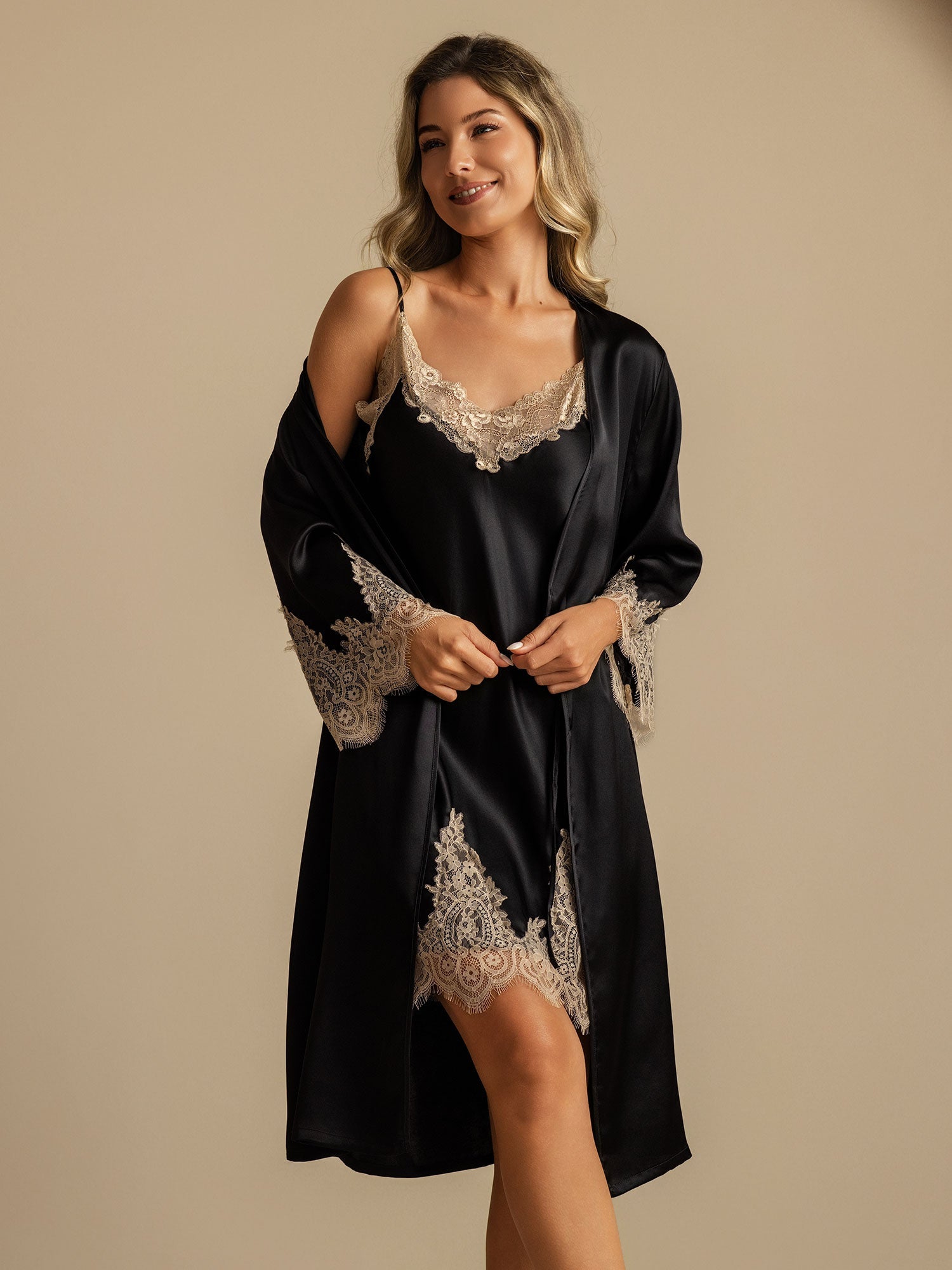 [Black] SilkSilky  Pure Silk Nightgown&Robe Set 006,