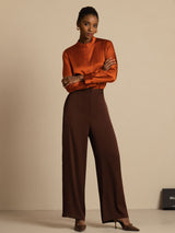 [Caramel] SilkSilky  19Momme Stretch Silk Charmeuse Long Sleeve Stand Collar Blouse 008