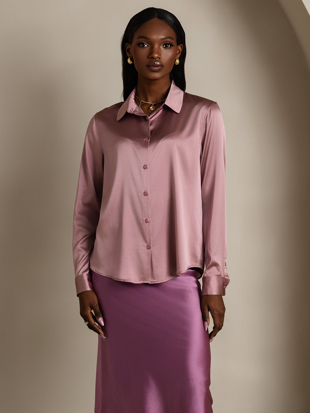[Pale Mauve] SilkSilky  Silk Long Sleeve Lapel Collar Women's Shirt 006