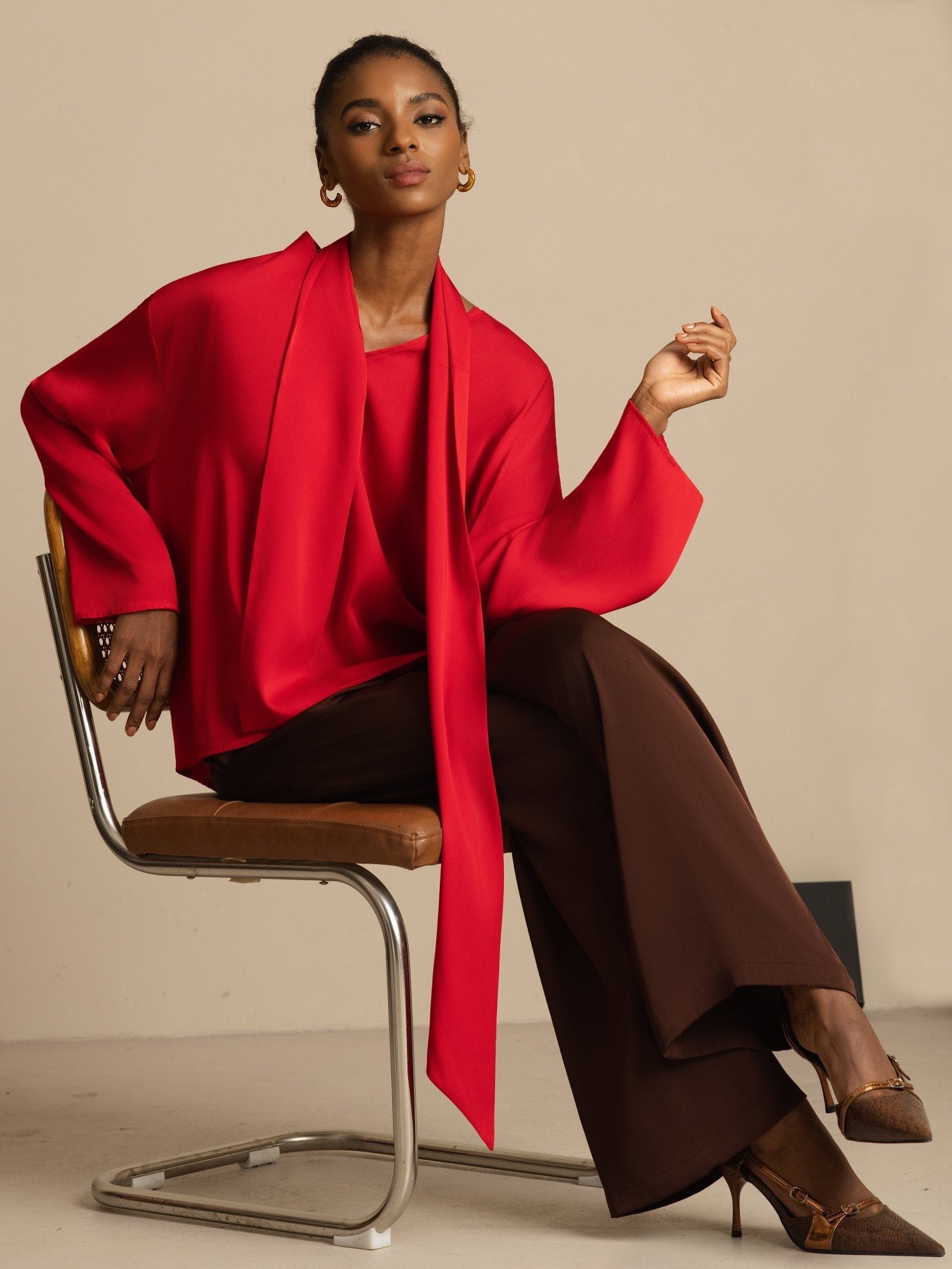 [Wine] SilkSilky 19Momme Silk Long Sleeve V Neck Blouse 001