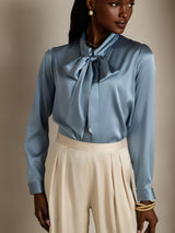 [Grayish Blue] SilkSilky  19Momme Stretch Silk Charmeuse Long Sleeve Tie Neck Blouse 006