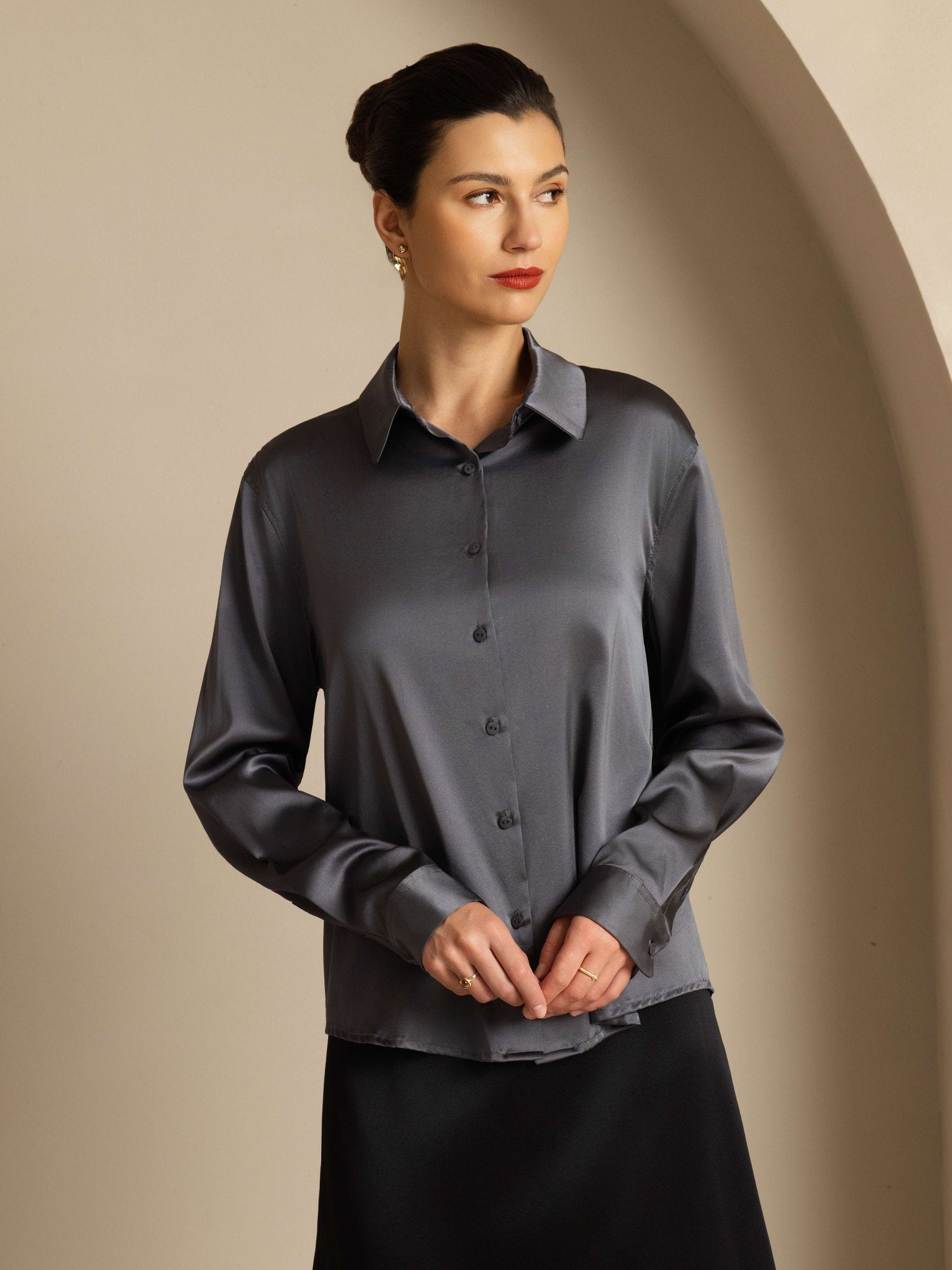 [Dark Gray] SilkSilky  19Momme Stretch Silk Charmeuse Long Sleeve Lapel Collar Women's Shirt 007