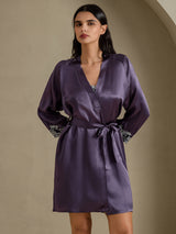 [Purple Gray] SilkSilky  3/4 Sleeve V Neck Nightgown&Robe Set 007