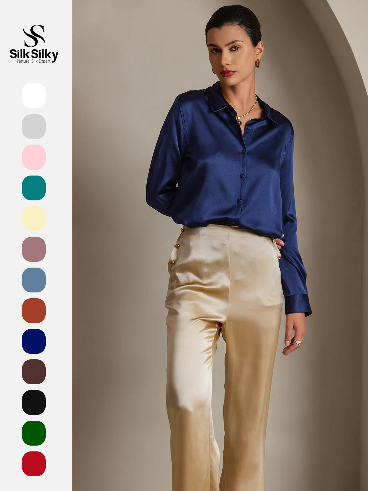 [Dark Blue] SilkSilky  Silk Long Sleeve Lapel Collar Women's Shirt 001