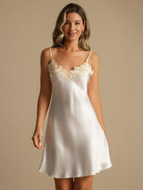 [White] SilkSilky  Spaghetti Strap V Neck Nightgown 006
