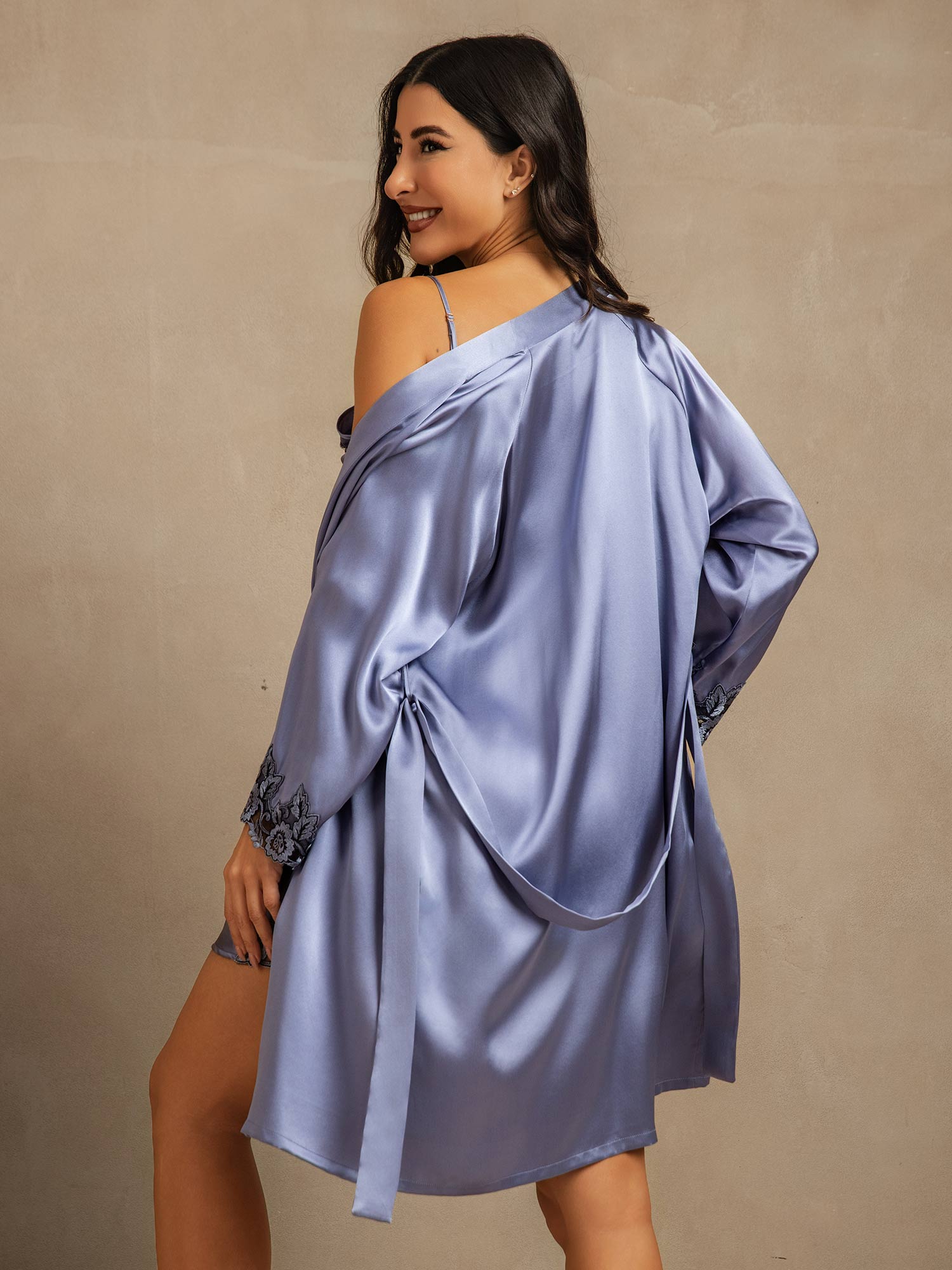[Steel Blue] SilkSilky  Nightgown&Robe Set 002,