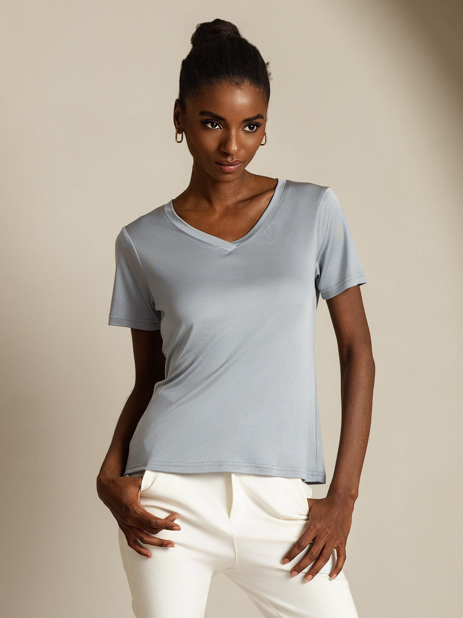 [LightGray] SilkSilky Pure Silk V Neck Women's T-Shirt 001