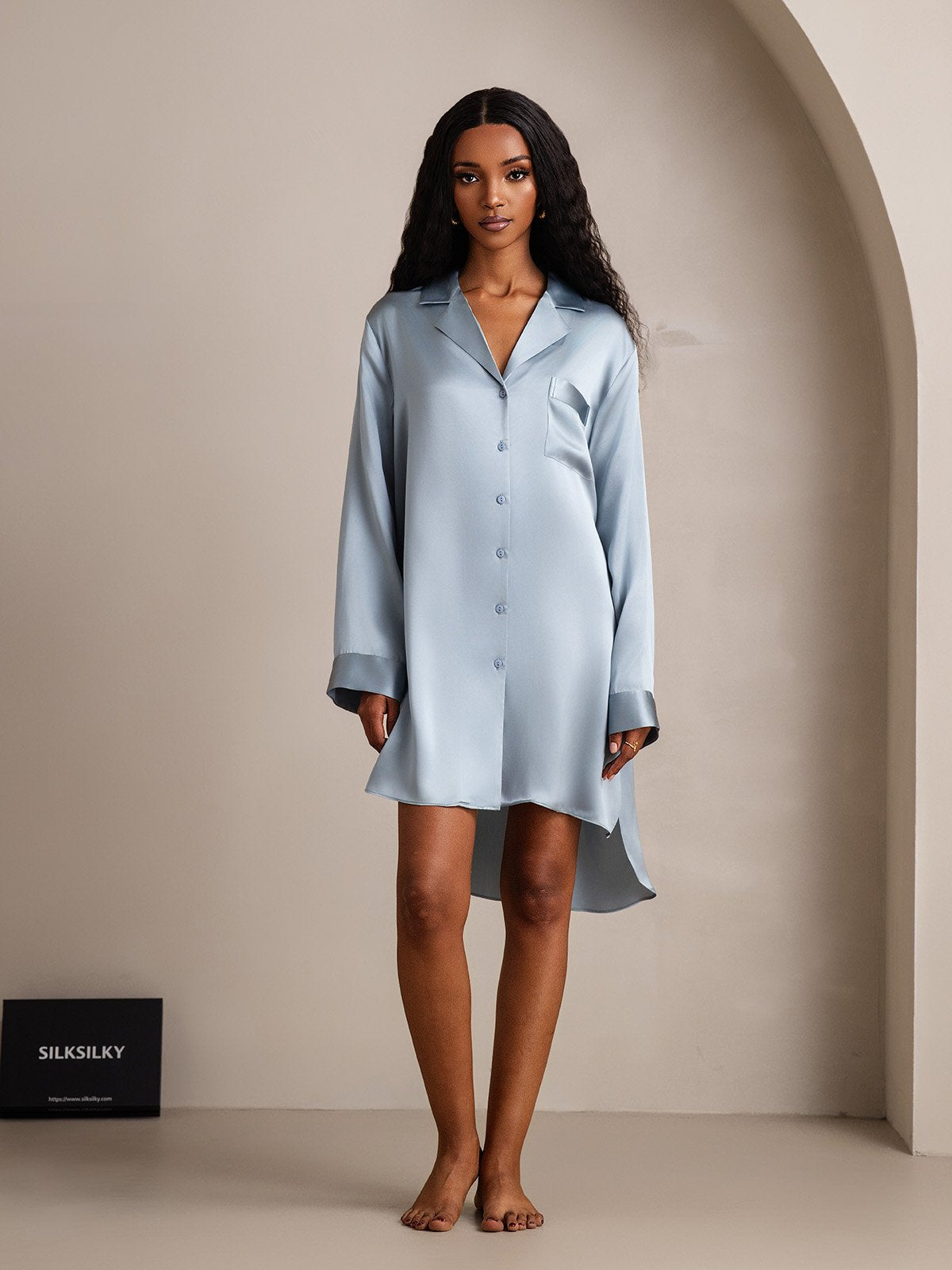 [GrayishBlue] SilkSilky Pure Silk Lapel Collar Nightgown 003