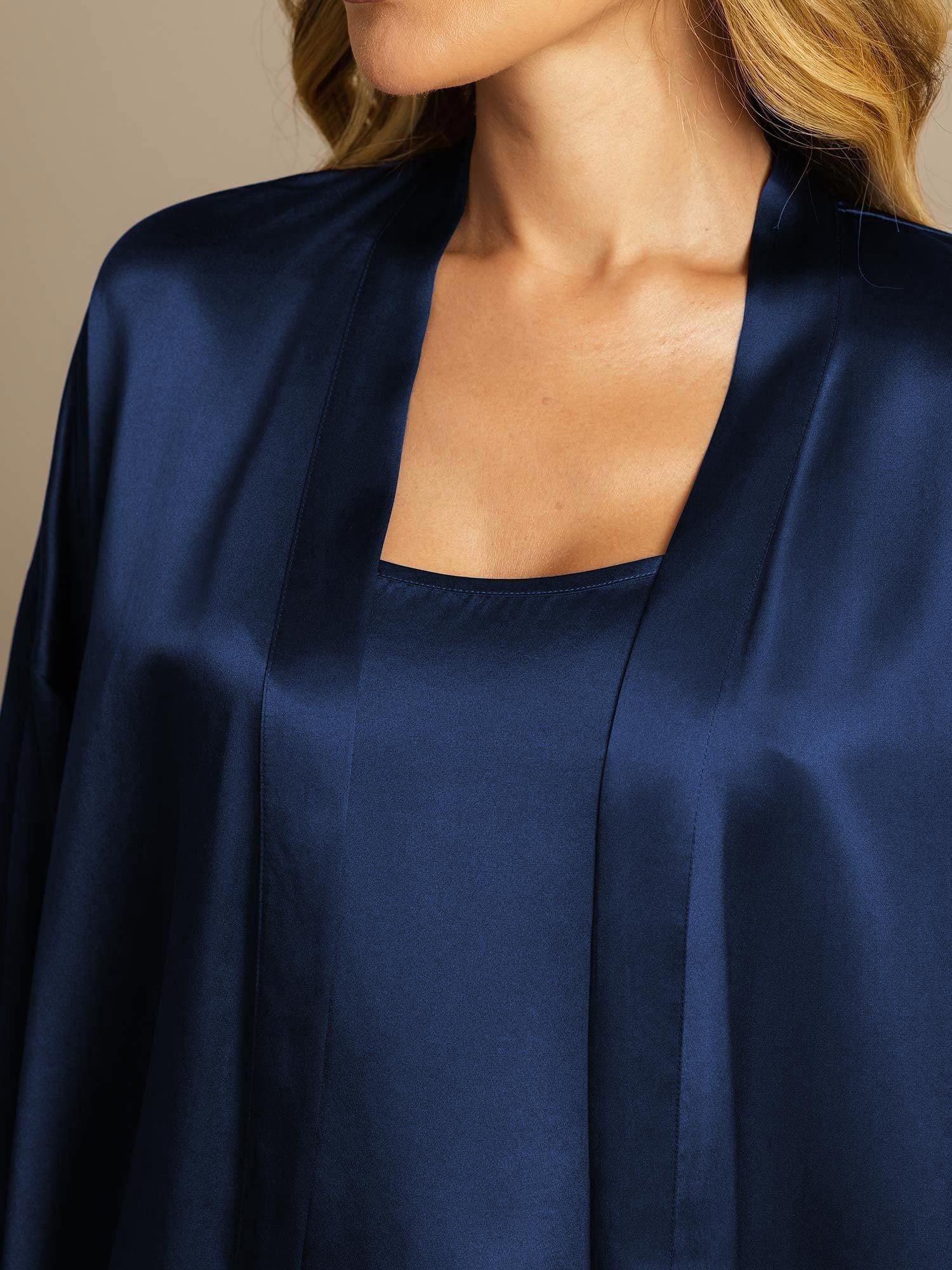 [Dark Blue] SilkSilky  Pure Silk Split Nightgown&Robe Set 004,