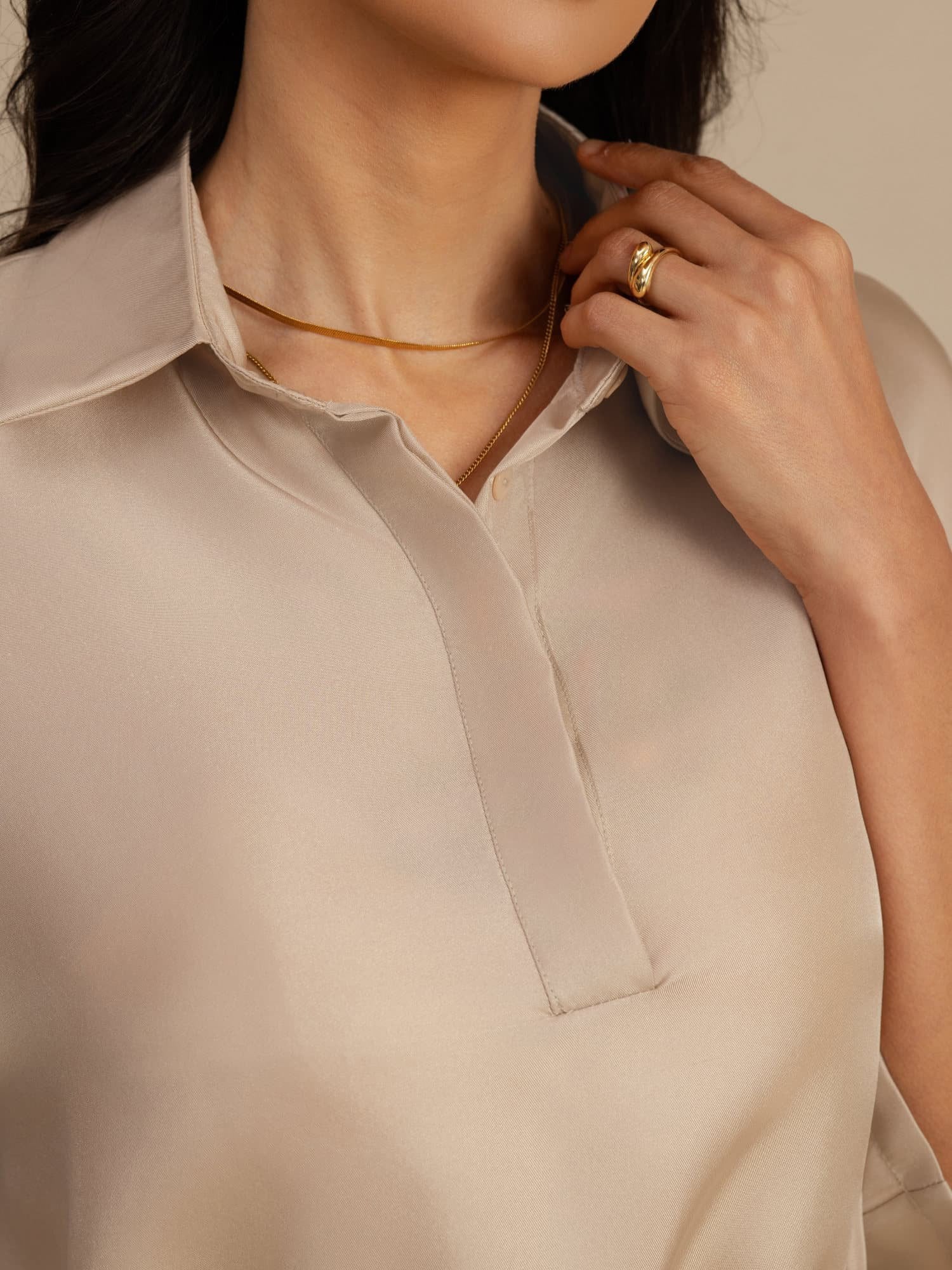 [Tan] SilkSilky  18Momme Silk Satin Surah Half Sleeve Lapel Collar Blouse 004