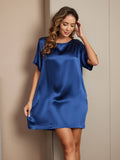 SilkSilky US Pure Silk Short Sleeve Round Neck Nightgown DarkBlue 005