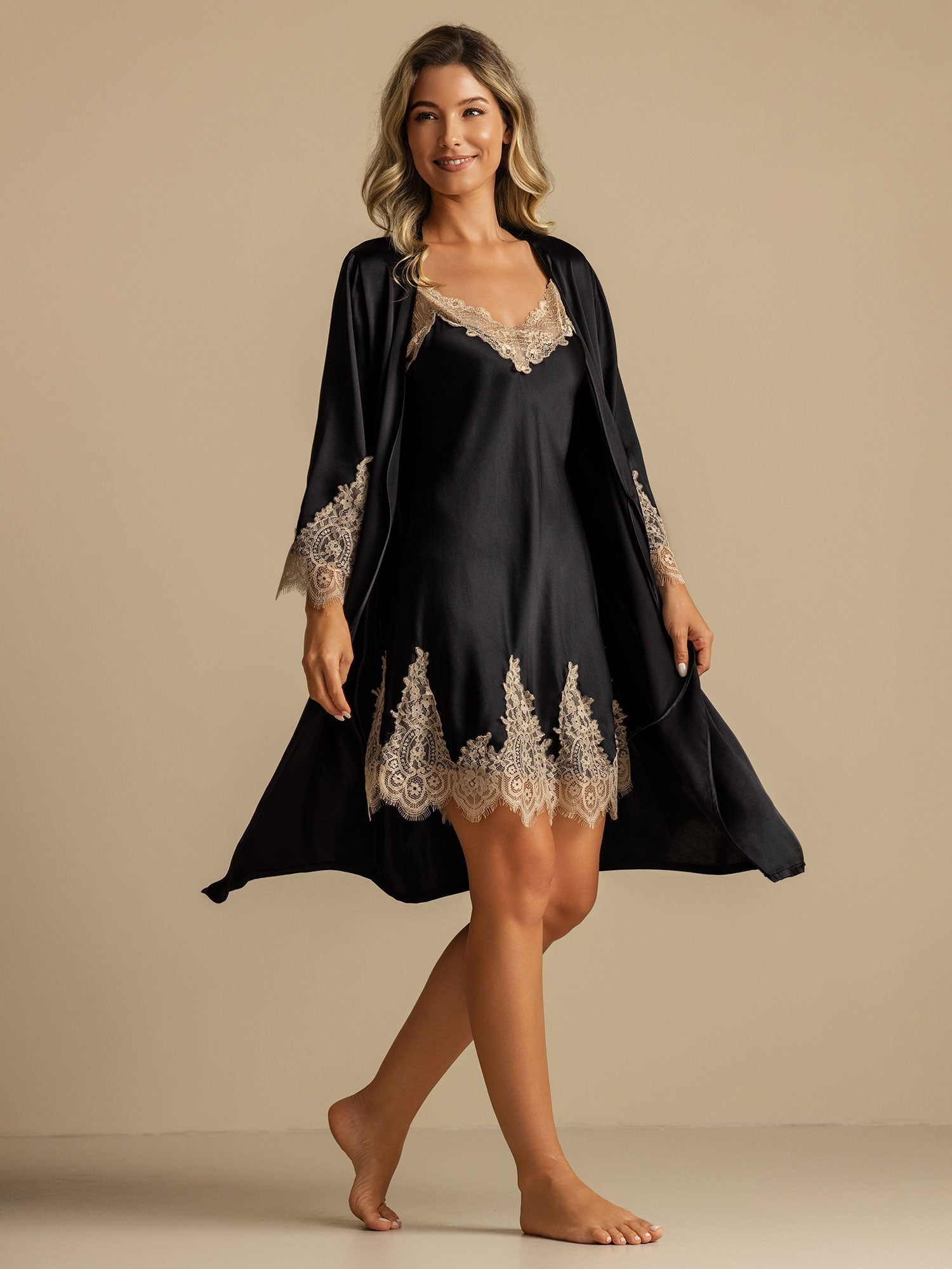 [Black] SilkSilky  Pure Silk Nightgown&Robe Set 001,