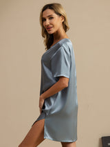[Grayish Blue] SilkSilky  Half Sleeve V Neck Nightgown 004