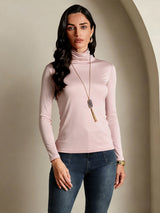 [Coral Pink] SilkSilky  Silk Jersey Long Sleeve Turtle Neck Women's T-Shirt 001