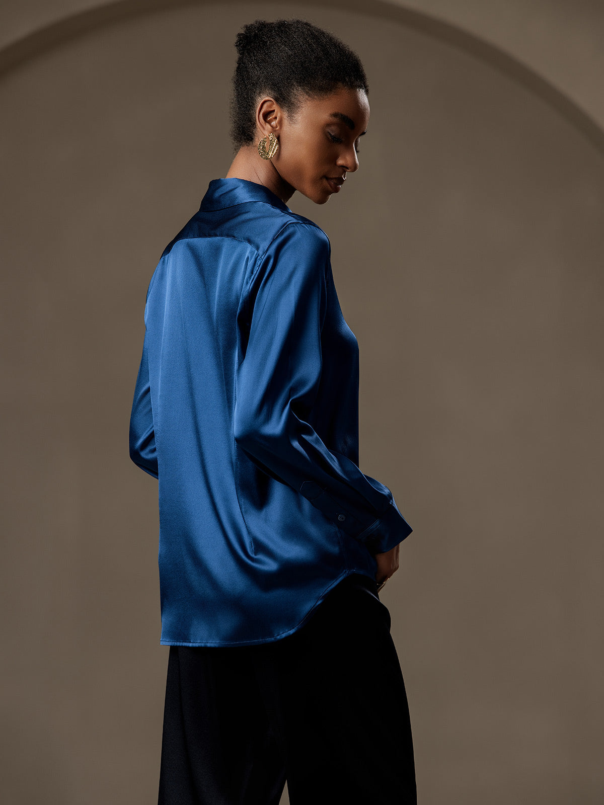 [Teal] SilkSilky  Silk Long Sleeve Lapel Collar Women's Shirt 002