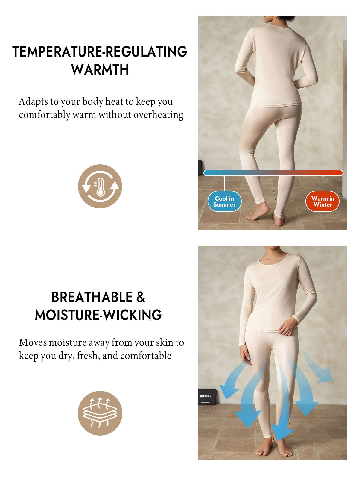 [Tan] SilkSilky  Silk Long Sleeve Round Neck Long Johns 005