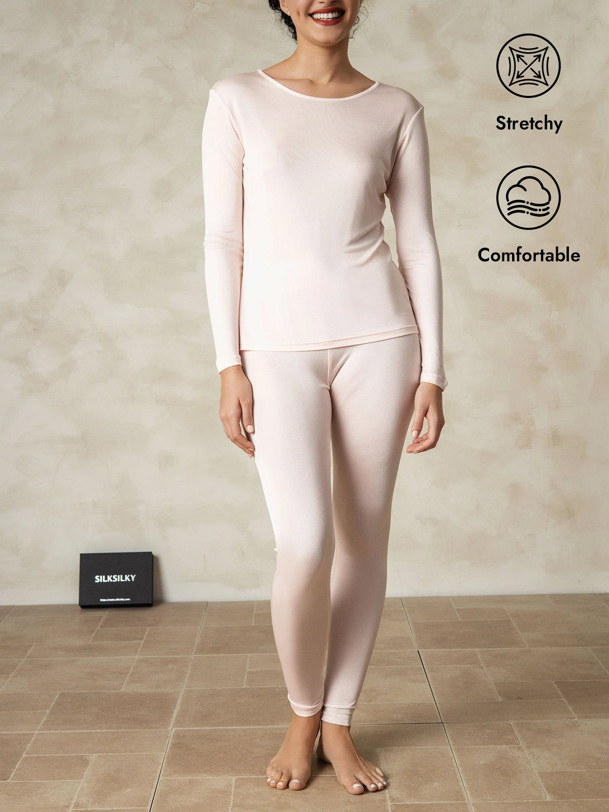 [Light Pink] SilkSilky  Silk Long Sleeve Round Neck Long Johns 001