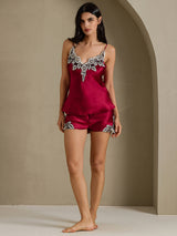 [Wine] SilkSilky  Spaghetti Strap V Neck Camisole Set 006