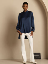 [Dark Blue] SilkSilky  19Momme Stretch Silk Charmeuse Long Sleeve Stand Collar Blouse 008