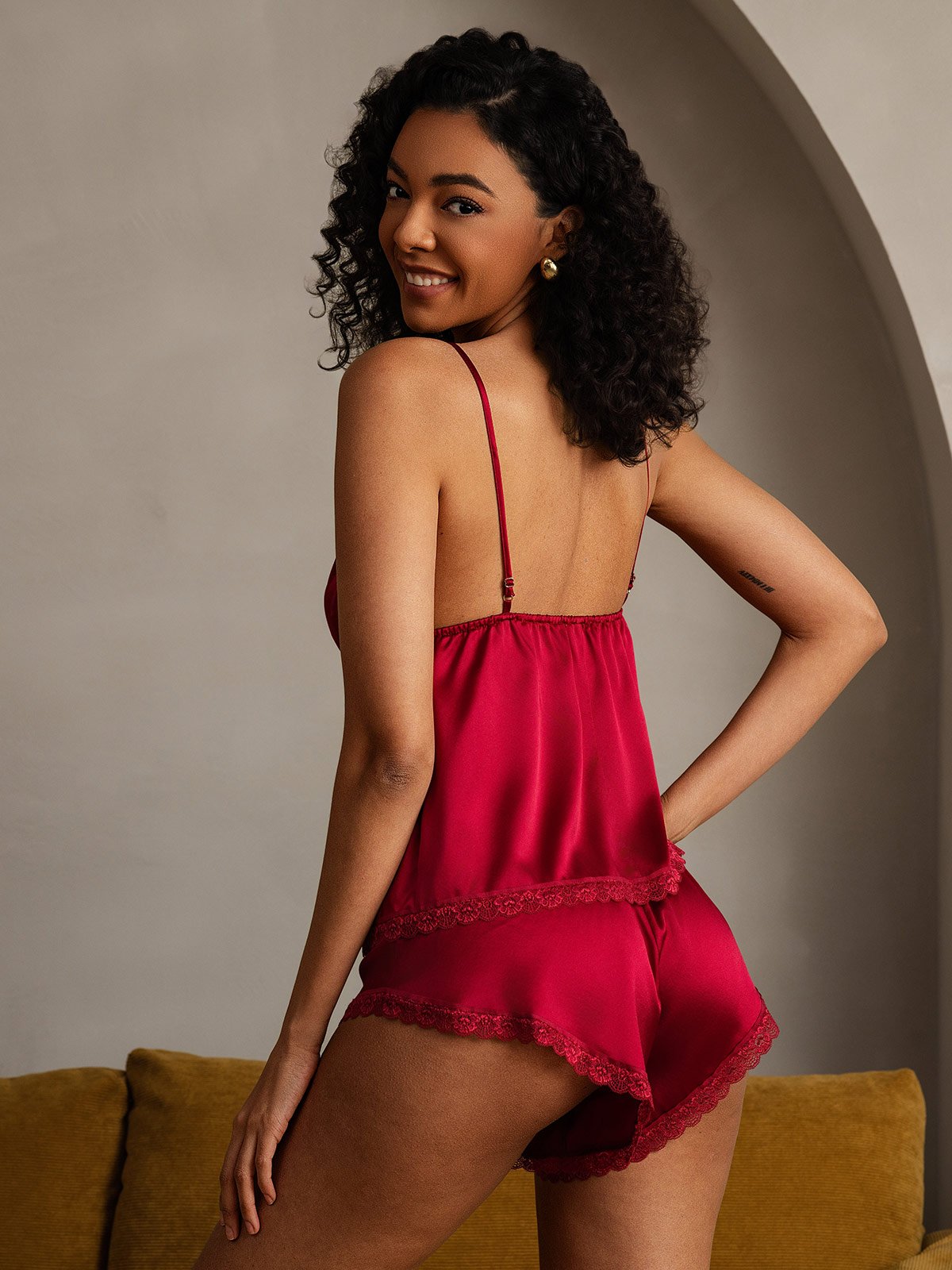 SilkSilky 19Momme Silk Deep V Neck Camisole Set Wine 002