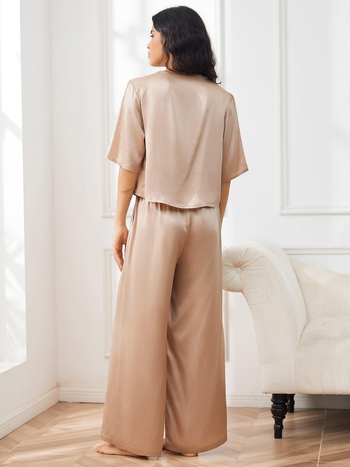 [Champagne] SilkSilky  Half Sleeve Round Neck Women's Pajamas 005