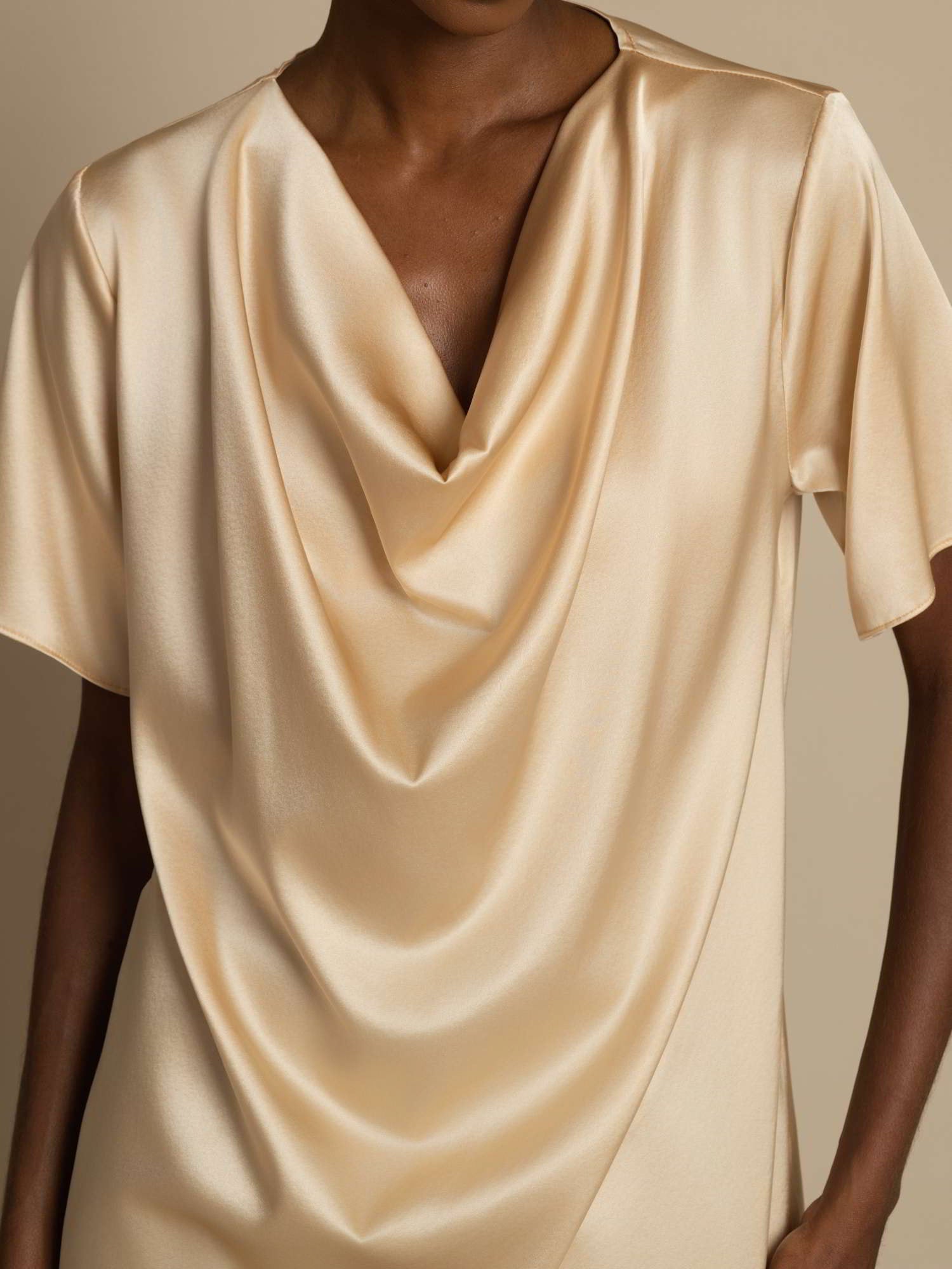 [Champagne] SilkSilky  19Momme Silk Short Sleeve Cowl Neck Blouse 004