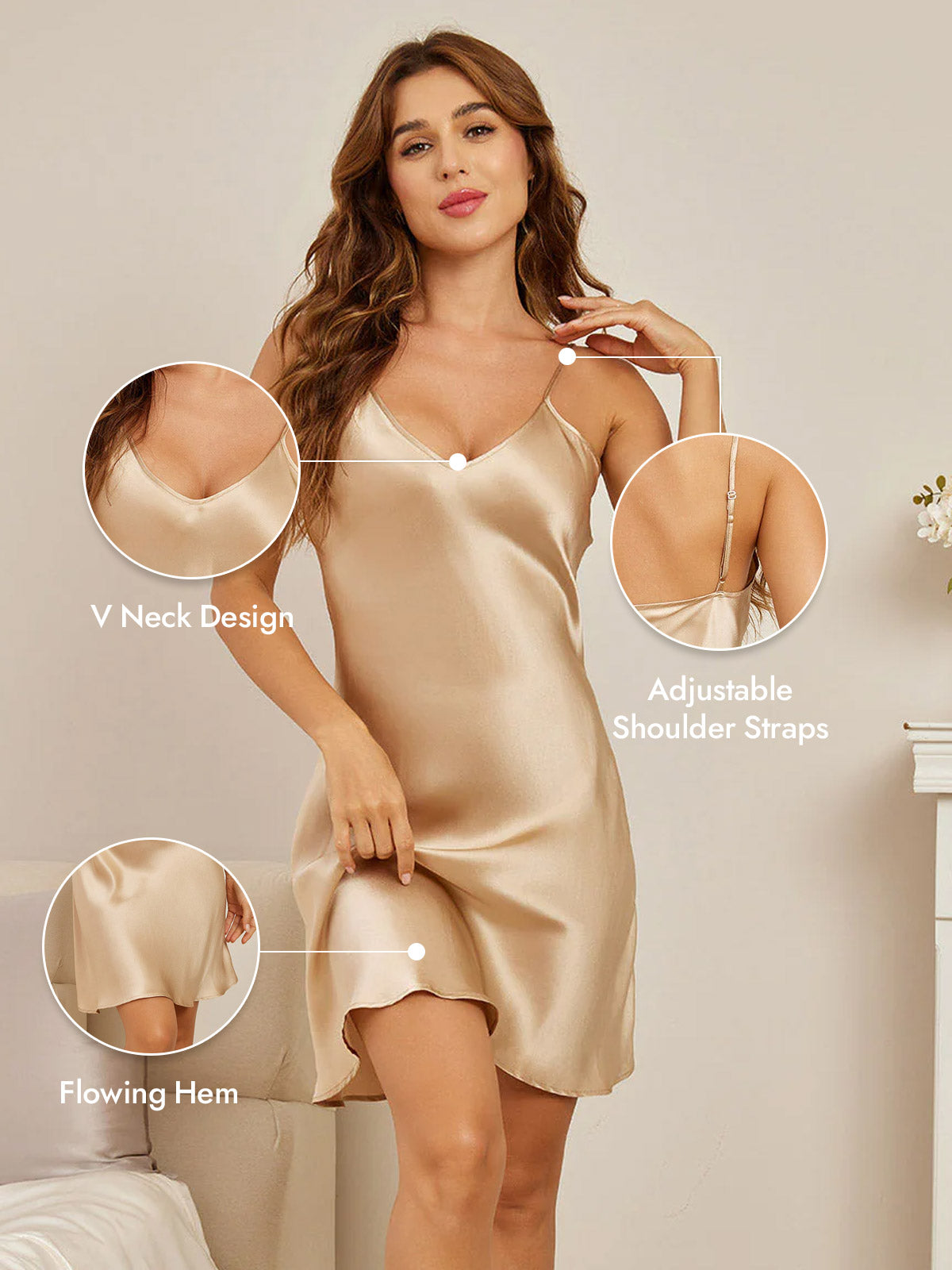 [Champagne] SilkSilky  Pure Silk V Neck Nightgown 005