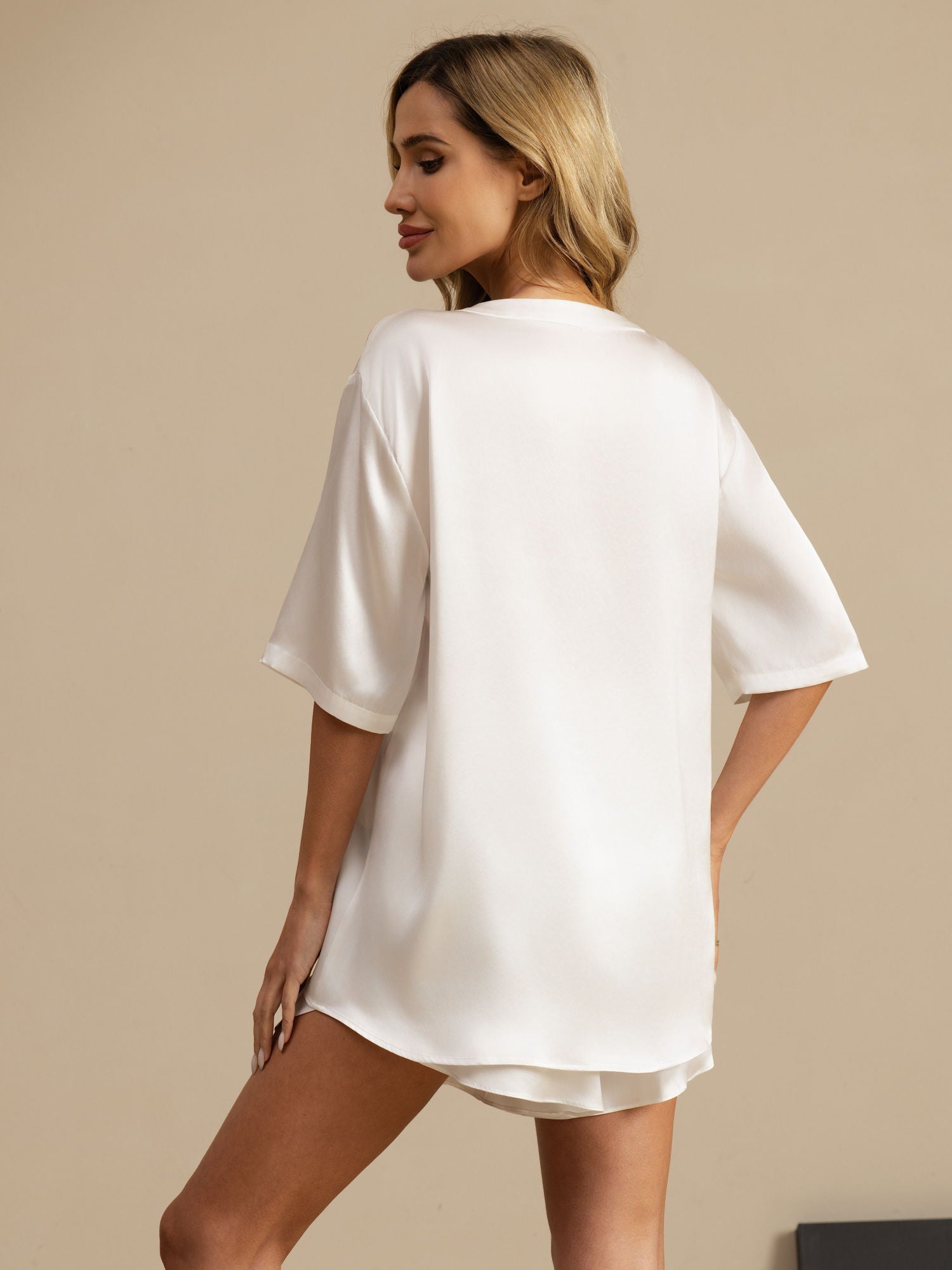 [White] SilkSilky  Silk Short Sleeve Round Neck Women's Pajamas 002
