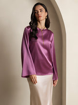 [Deep Purple] SilkSilky  19Momme Stretch Silk Charmeuse Long Sleeve Boat Neck Blouse 005
