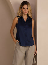 [Dark Blue] SilkSilky  Sleeveless Lapel Collar Women's Shirt 001
