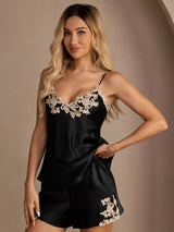 [Black] SilkSilky  Spaghetti Strap V Neck Camisole Set 001