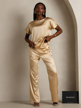 [Champagne] SilkSilky  19Momme Stretch Silk Charmeuse Short Sleeve Boat Neck Women's T-Shirt 006