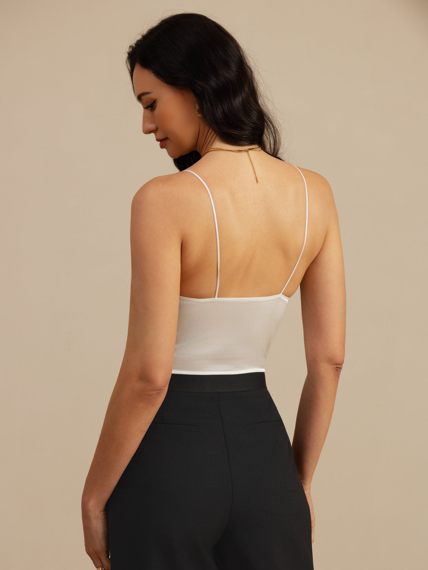 [White] SilkSilky  Pure Silk Spaghetti Strap V Neck Camisole Top 002