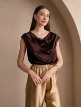 [Bitter Chocolate] SilkSilky  Cap Sleeve Cowl Neck Women's T-Shirt 001