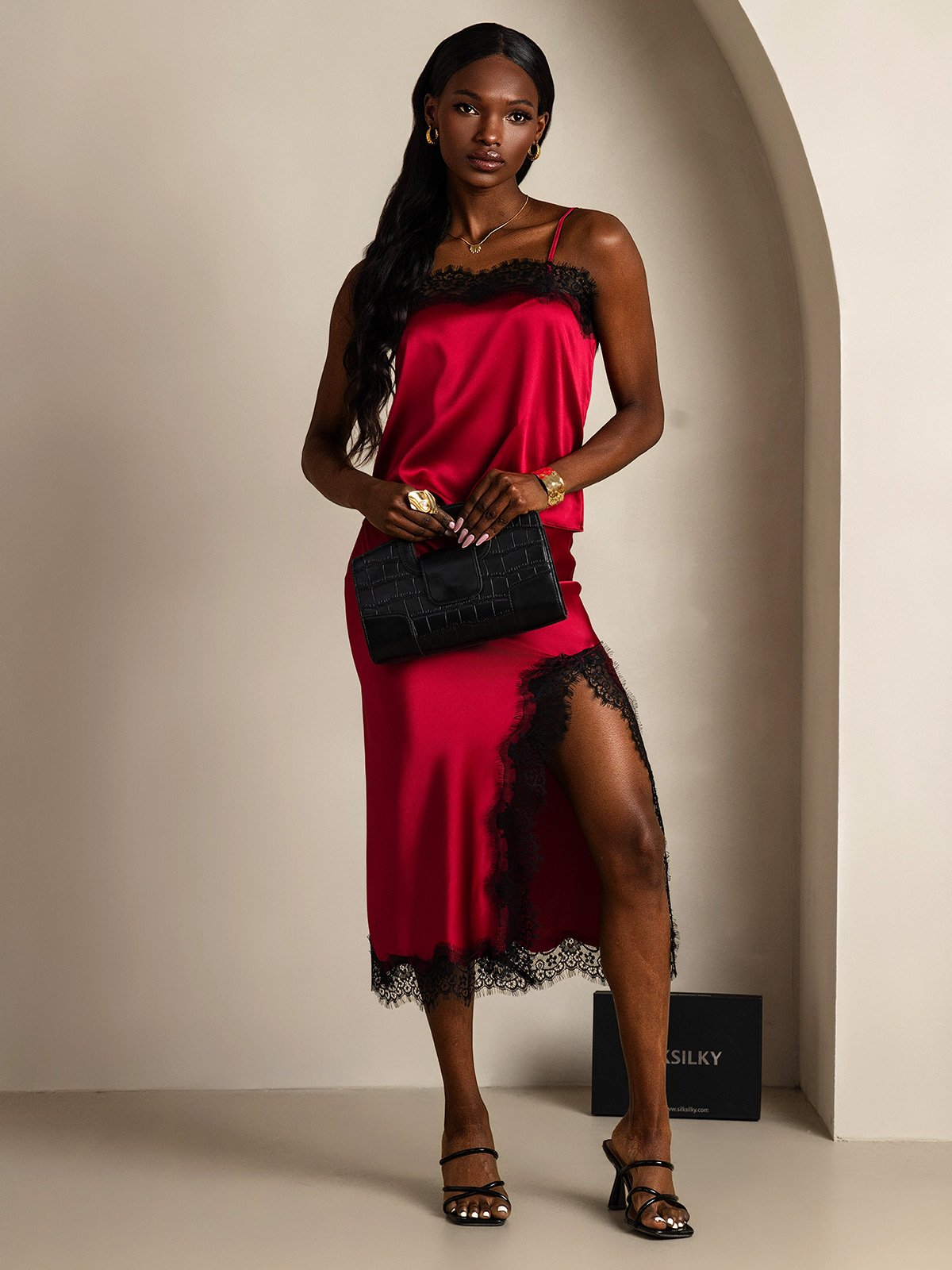 SilkSilky 19Momme Silk Camisole Set Wine 003