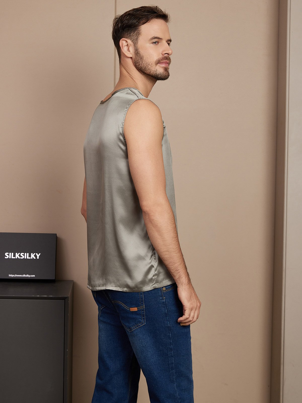 [Grayish Green] SilkSilky  Pure Silk Mens T-Shirt 002