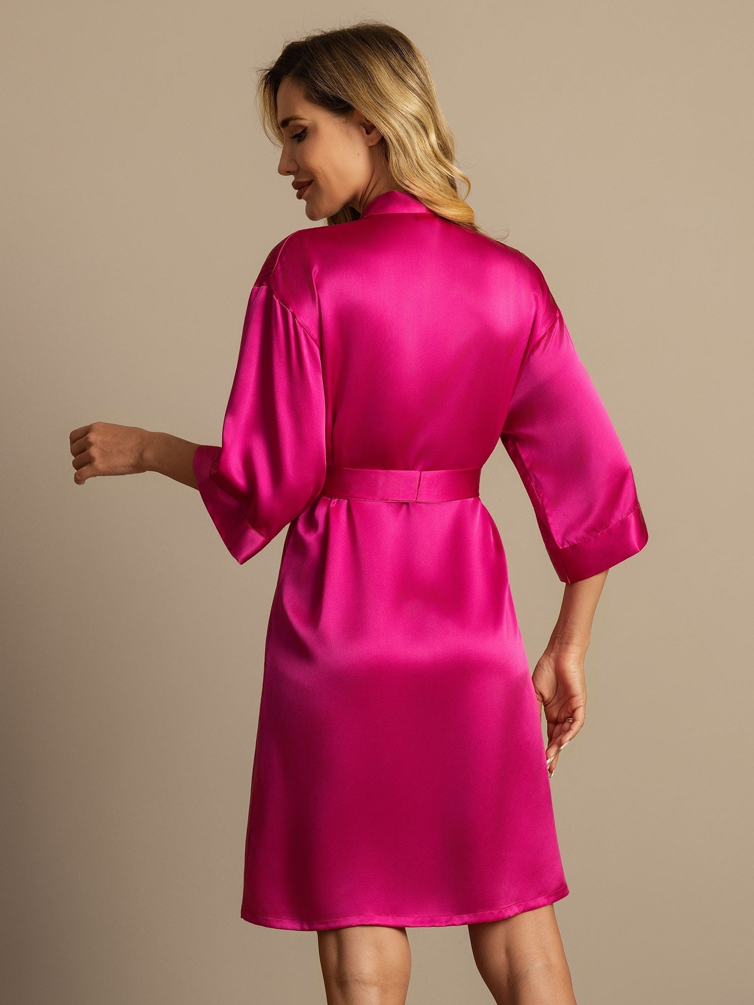 [Rose Red] SilkSilky  Pure Silk 3/4 Sleeve Womens Robe 002