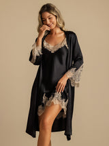 [Black] SilkSilky  3/4 Sleeve V Neck Nightgown&Robe Set 005