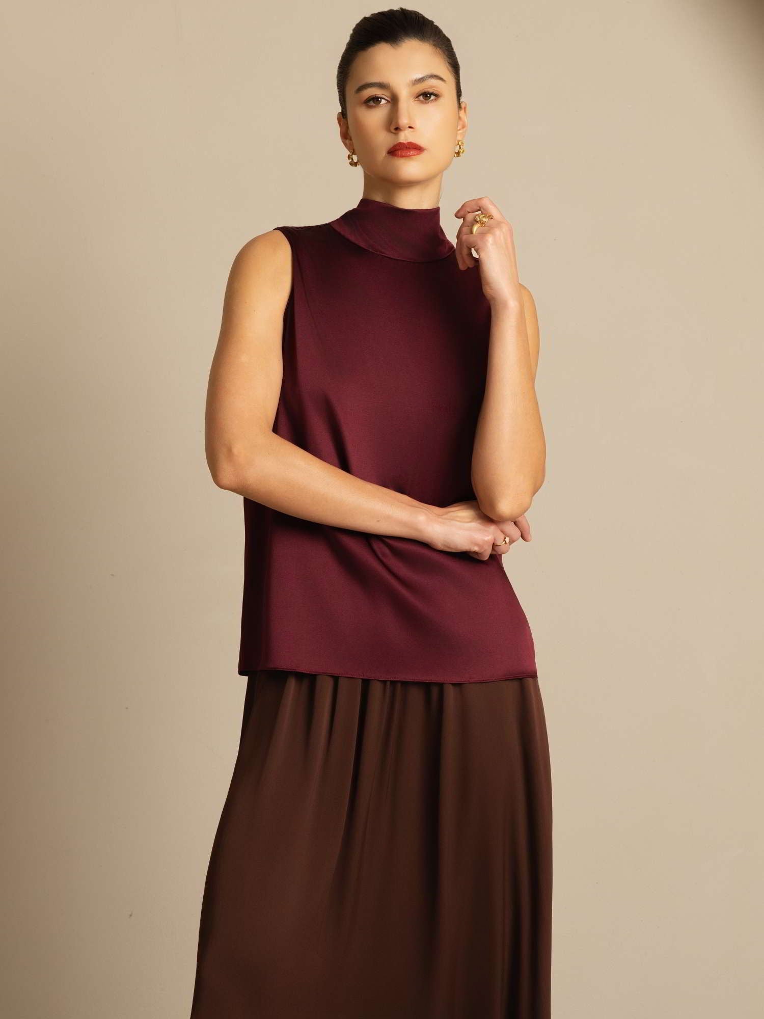 [Dark Red] SilkSilky  19Momme Silk Sleeveless Tie Neck Blouse 007