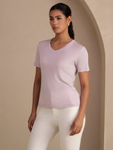[Lavender] SilkSilky  Short Sleeve V Neck Women's T-Shirt 003