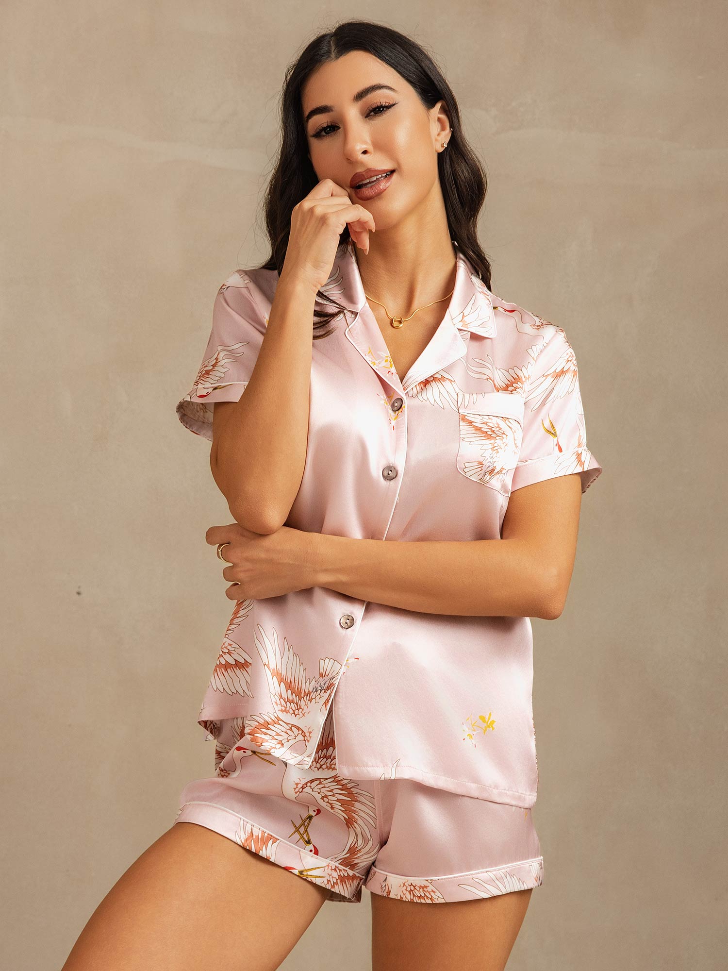 [Pink] SilkSilky  19Momme Pure Silk Notch Collar Women's Pajamas 003,