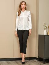 [White] SilkSilky  19Momme Stretch Silk Charmeuse Long Sleeve Lapel Collar Women's Shirt 005