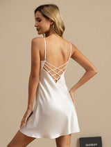 [White] SilkSilky  Spaghetti Strap V Neck Nightgown 002