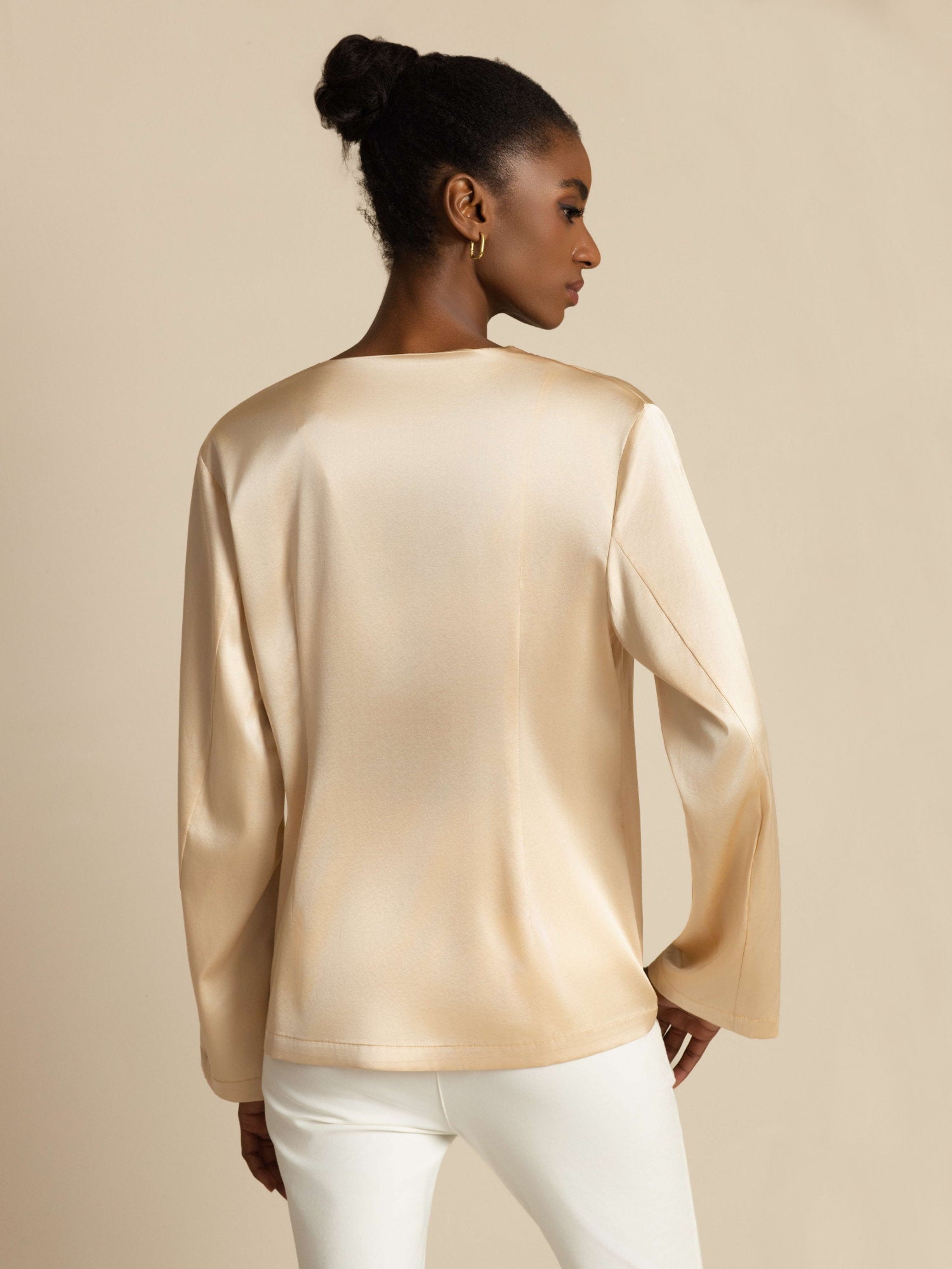 [Champagne] SilkSilky  19Momme Stretch Silk Charmeuse Long Sleeve Women's Outerwear 002