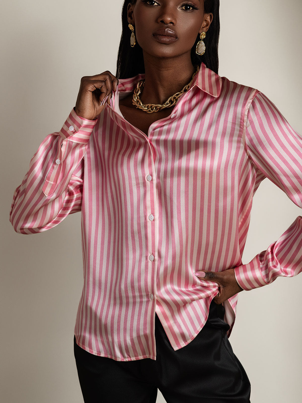 [Pink Stripe] SilkSilky  Long Sleeve Lapel Collar Women's Shirt 003