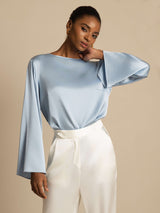 [Grayish Blue] SilkSilky  19Momme Stretch Silk Charmeuse Long Sleeve Boat Neck Blouse 001